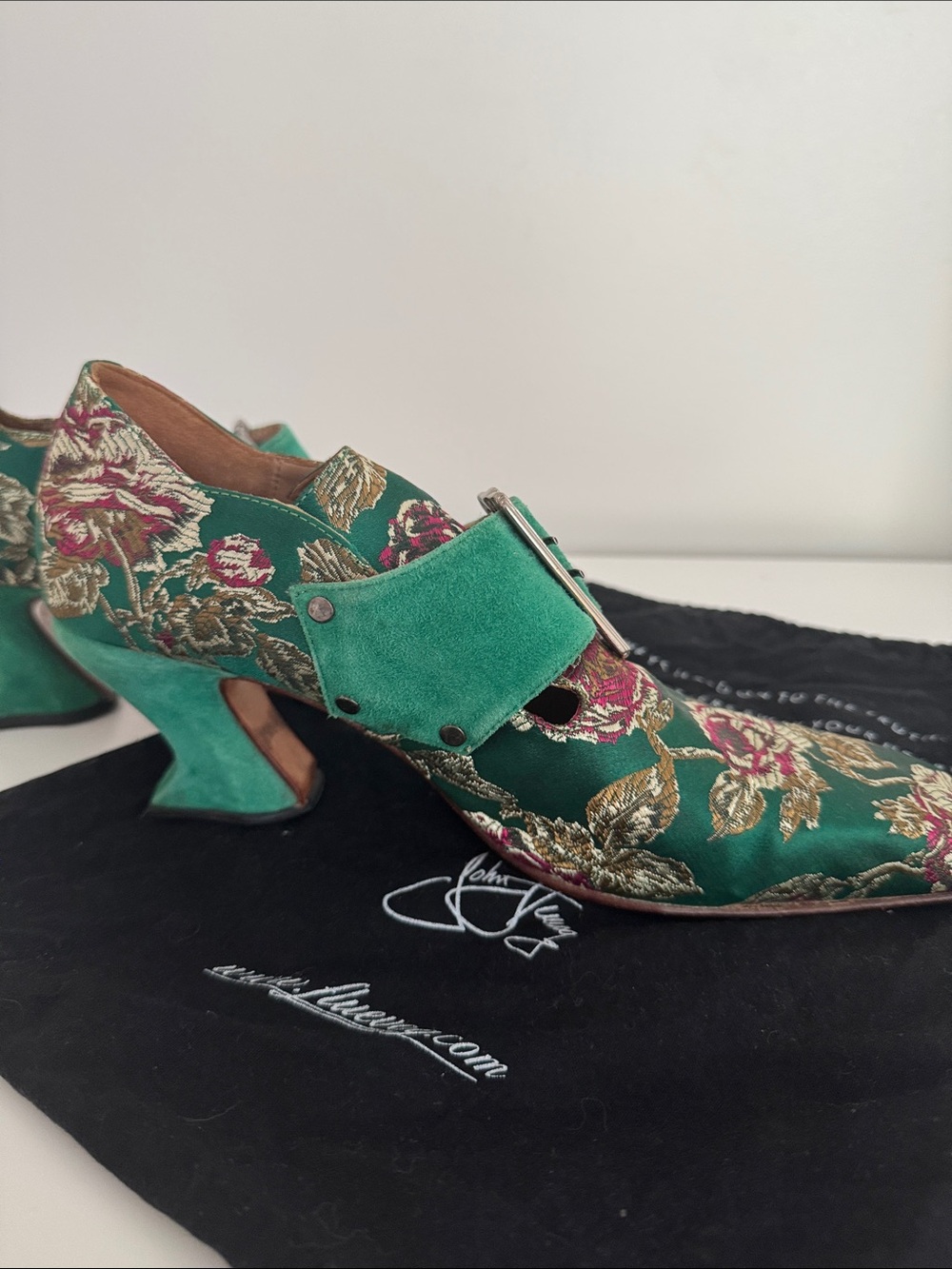 John Fluevog Bishop Green Floral Jaquard Suede Strap Heels - Picture 3 of 8